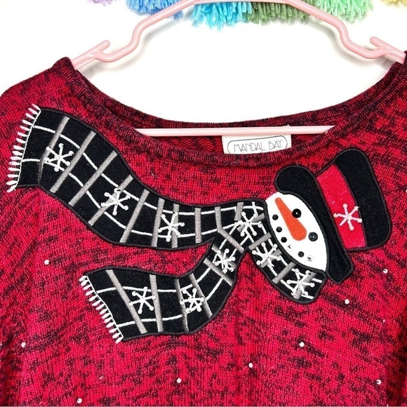 Vintage Mandal Bay Embellished Winter Snowman Pearl Marled Red Sweater Size XXL - Picture 11 of 11